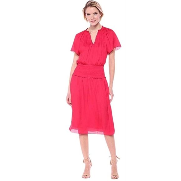Halston Women's Fuchsia Pink Flutter sleeve V-neck Smocked Waist Dress - Picture 1 of 3